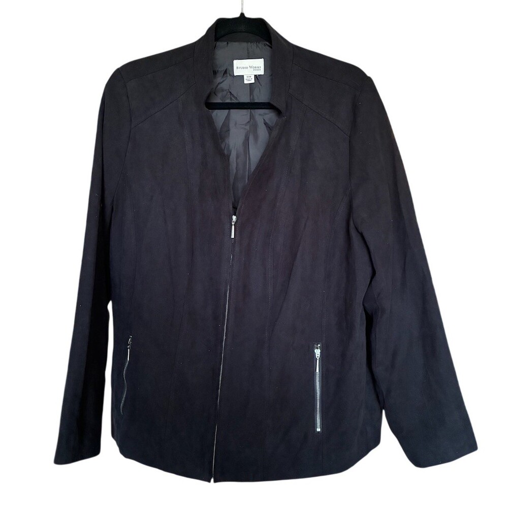 Studio Works Jacket Womens 16W Black Moto Suede Style Full Zip Blazer